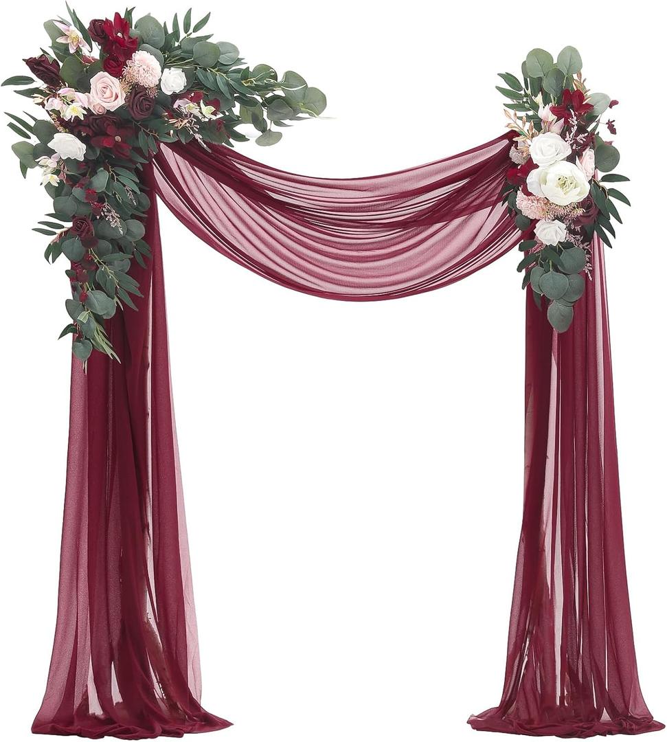 Floroom Arch Flowers with Drapes Kit (Pack of 4) - 2pcs Artificial Burgundy Floral Swag Arrangement with 2pcs Draping Fabric for Wedding Ceremony Arbor and Reception Backdrop Decoration