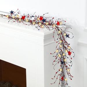4th of July Independence Day Garland 4.5ft Long with Red White and Blue Berry Metal Pentagram Embellished Branches Patriotic Ornament Memorial Day Flag for Door Decor with 30 Fairy Lights (Star)