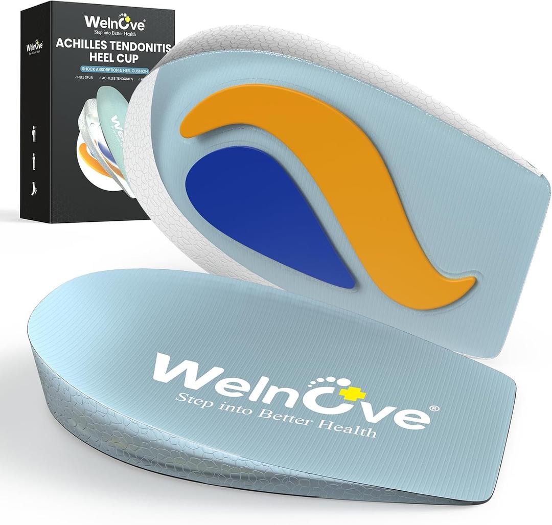 Welnove Heel Cups for Plantar Fasciitis - TPE Shock Absorption Heel Pads for Achilles Tendonitis, Washable Heel Cushion Inserts for Heel Spur Pain Relief, Shoe Lift Support for Men Women Blue,S