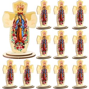 Amyhill 12 Pcs Virgen De Guadalupe Statue Bulk for Baptism Favor 6.5'' Religious Wooden Our Lady of Guadalupe Virgin Mary Figurine for Mothers Day First Communion Gift Recuerdos De Bautizo (Cross)