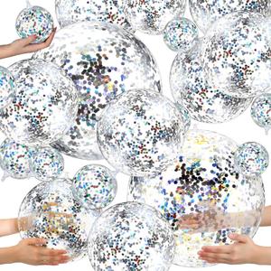 Sratte 20 Pcs Inflatable Beach Balls Bulk, Multiple Sizes Summer Swimming Pool Balls for Boys Girls Adults Hawaii Luau Party Water Games Sand Toys(Clear, Silver,Sequin)