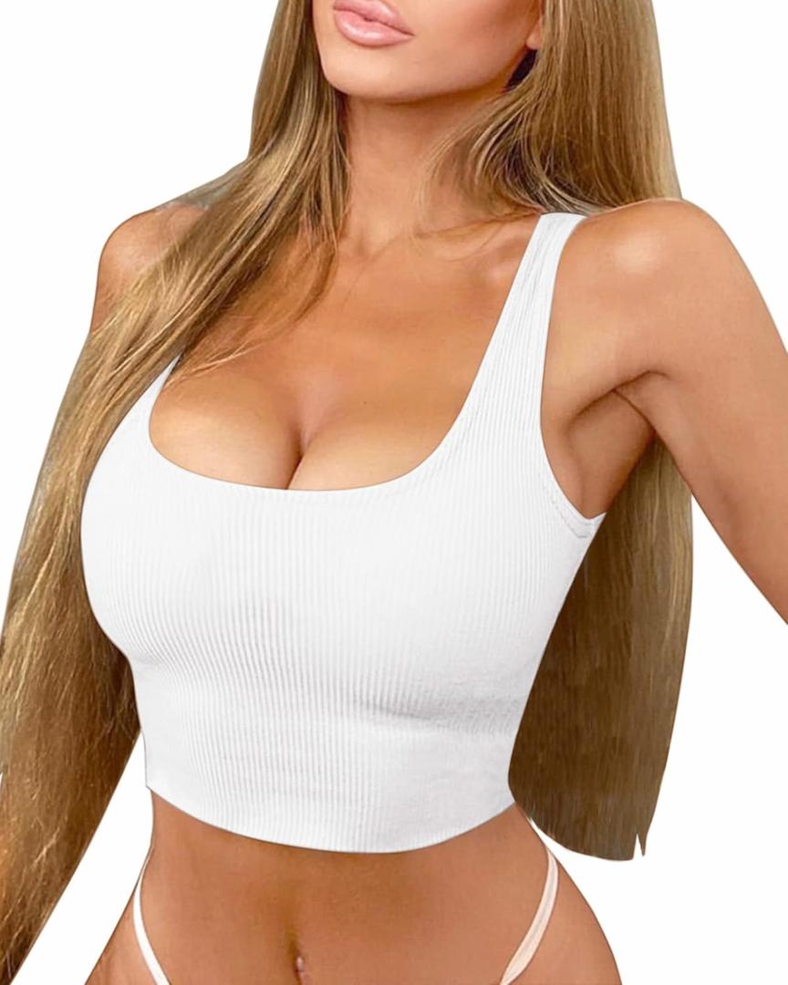 BelleLovin AESLOVIN Women's Ribbed Knit Basic Scoop Neck Sleeveless Crop Tank top (Large, White)
