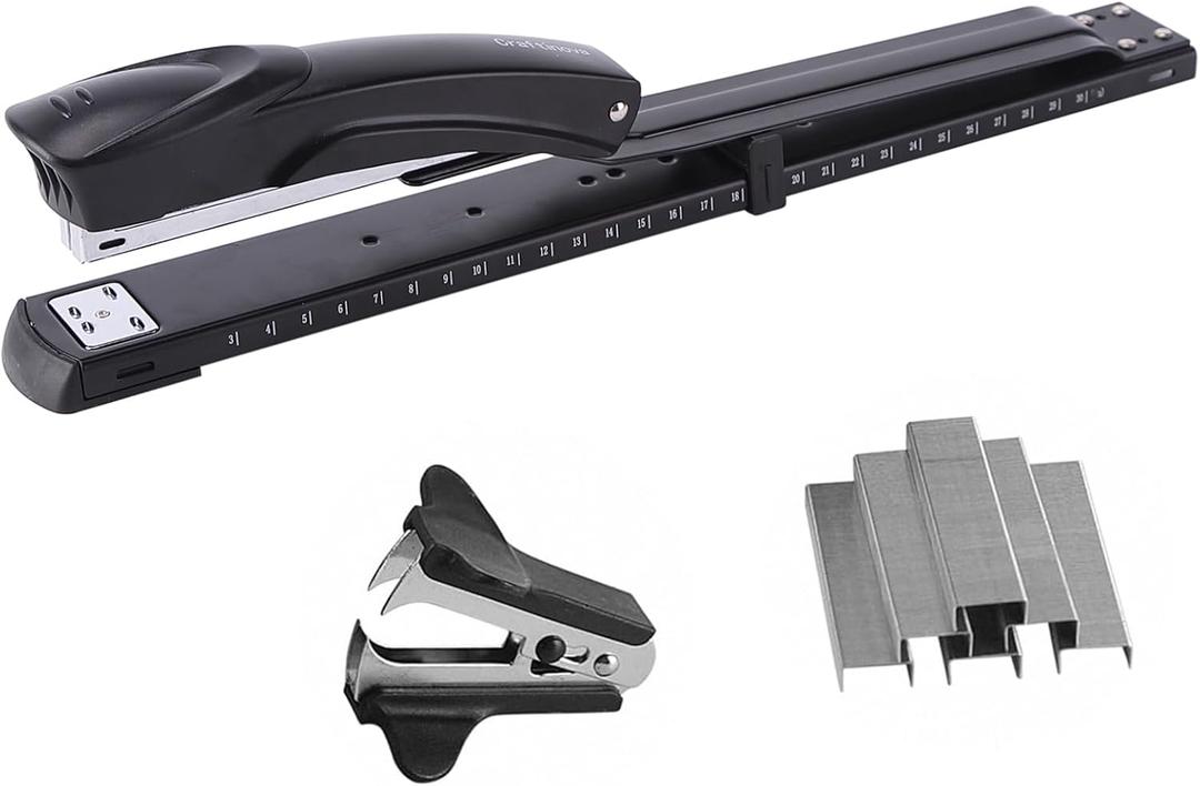 Long Reach Stapler,with 2000 Staples & Stapler Remover Full Strip20-25 Sheet Capacity,with Built-in Ruler and Adjustable Locking Paper Guide, Black