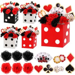 4 Sets Casino Party Decorations Poker Theme Table Centerpieces Party Toppers with Red Black Flowers Dice Box Poker Cutouts and Sticks for Casino Night Decor Birthday