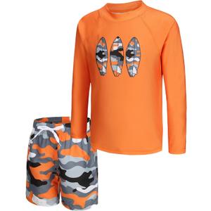 Boys Two Piece Rash Guard Swimsuits Set with Swim Trunk Kids Long Sleeve Bathing Suit Swimwear Set (14-16 Years, Orange Camo)