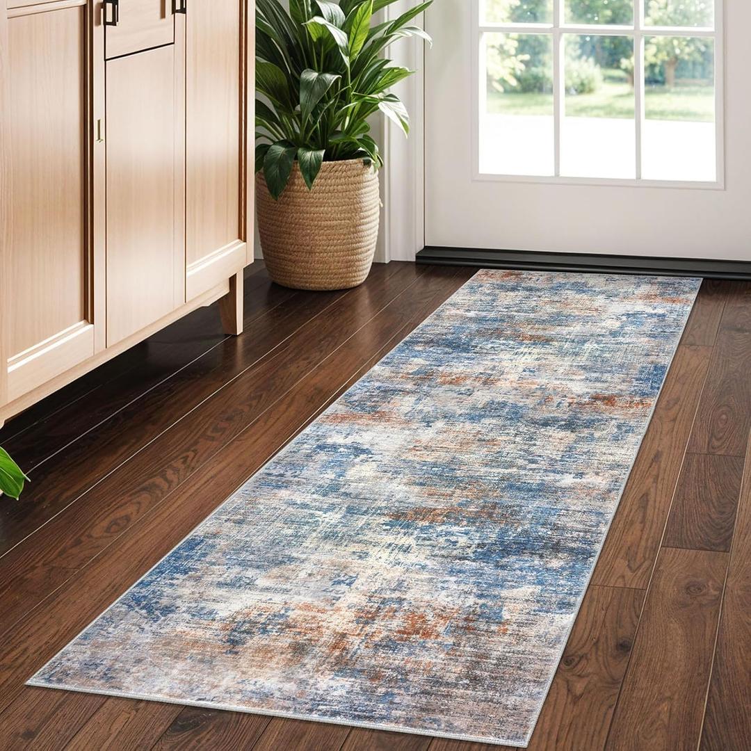  Abstract Runner Rug 2x5 Ft Washable Runners for Hallways, Non Slip Kitchen Runner Printed Faux Wool Entryway Runner Indoor, Modern Abstract Floor Carpet for Hall Bedroom, Blue Rust