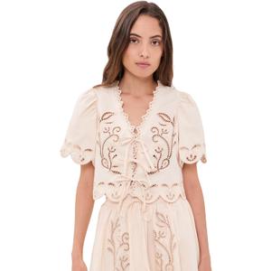 MOON RIVER Women's Short Sleeve Embroidered Eyelet Front Tie Top (Cream, L)
