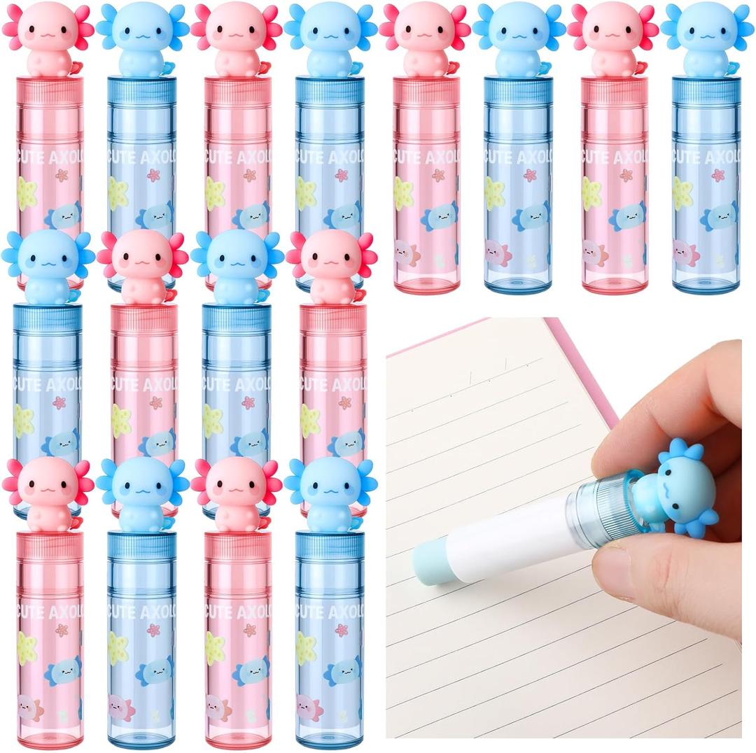 Gersoniel 16 Pcs Axolotl Retractable Erasers Axolotl Birthday Party Favor Gifts School Classroom Supplies Sliding Retractable Pink Blue Cute Animals Pencil Erasers for Amphibian Lovers Office Home