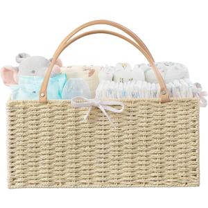 HBlife Large Baby Diaper Caddy Organizer, Paper Rope Storage Baskets Nursery Bin with Removable Divider, Portable Car Organizer for Diapers, Baby Shower Gifts, Newborn Essentials Must Haves (Beige)