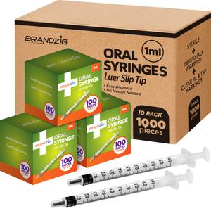 1000 PCS - 1ml Oral Syringe - Luer Slip Tip, No Needle, Sterile Individually Blister Packed - Medicine Administration for Infants, Toddlers and Small Pets- Bulk Case - 10 boxes of 100 PCS (1,000 pcs)