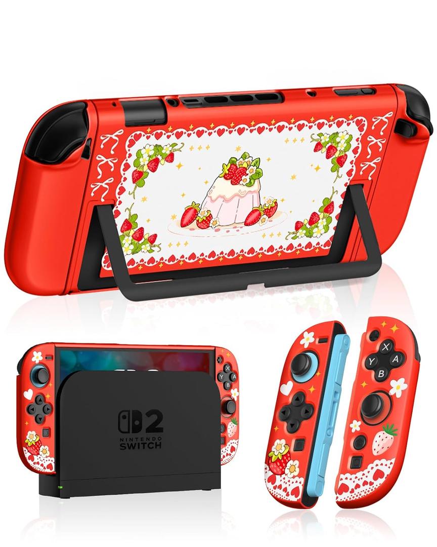 Dockable Case for Nintendo Switch 2 - Cute Kawaii Cartoon Design Soft TPU Grip Cover for Joy-Con Red Strawberry PC for Switch 2 Protective Case 2025 for Girls Boys Teens