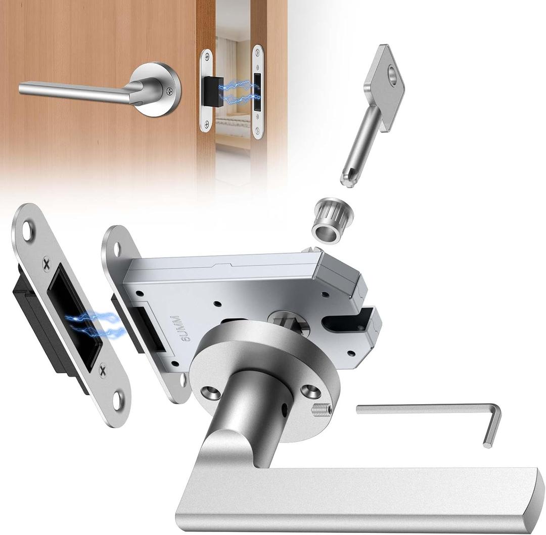 Magnetic Auto-Lock Invisible Door Lock,Hidden Handle,Mini Keyhole, Single-Sided Hidden Design,Aluminum Alloy for Invisible Doors/Bookshelf Doors/Secret Rooms (1, Silver)