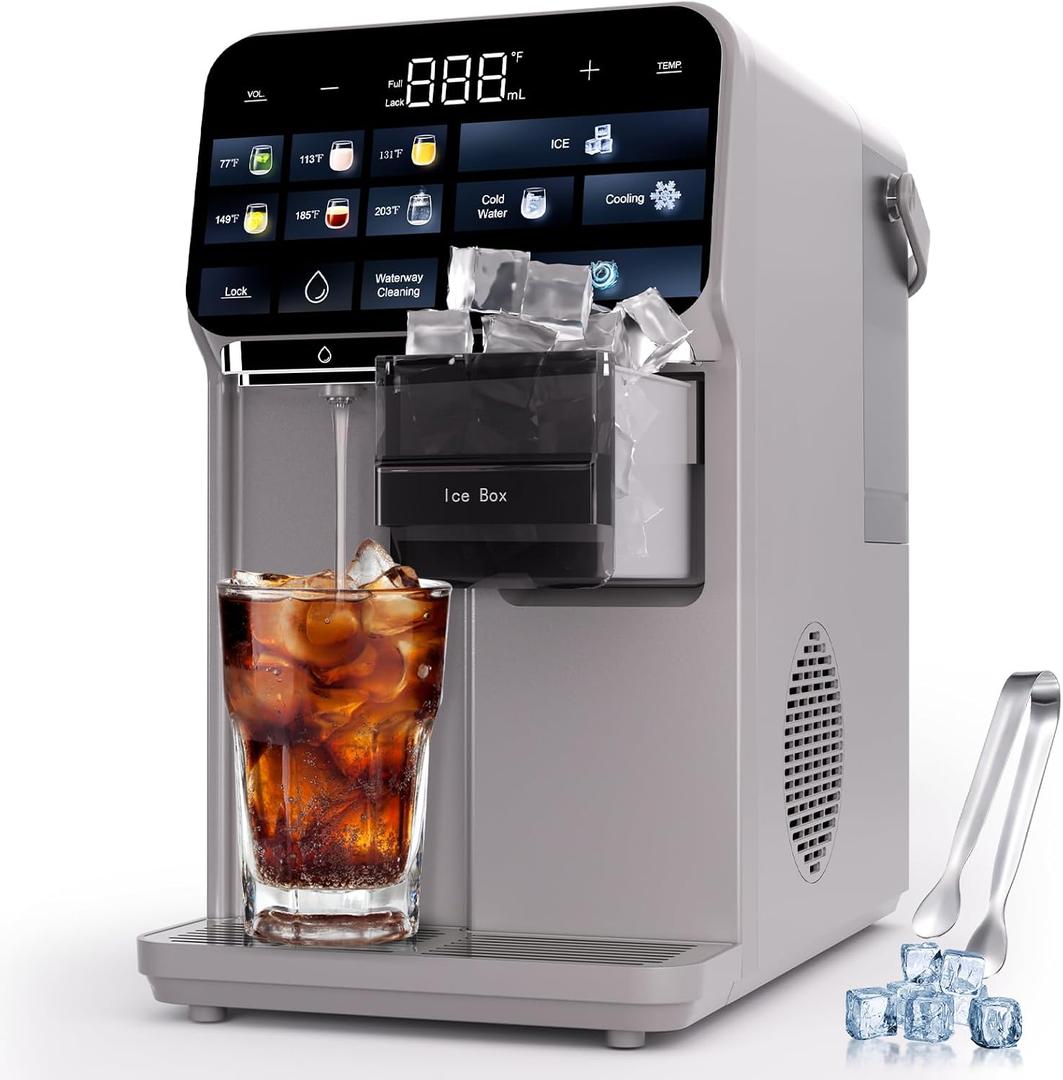Ice Maker Water Filter Dispenser, 3 in1 Countertop Instant Hot & Cold Water, Ice Water Dispenser with ice Box, 7 Temperature & 5 Dispensing Volume Options Portable No Installation.