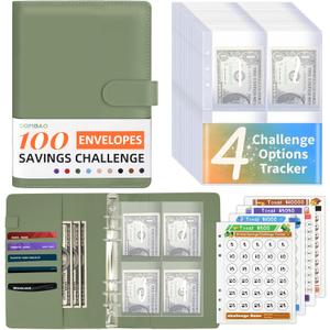 100 Envelopes Money Saving Challenge Binder, A5 Budget Binder with Envelopes and Challenge Tracker, Savings Challenges Planner Book to Save $500, $1000, $5050, $10000 (Olive Green)