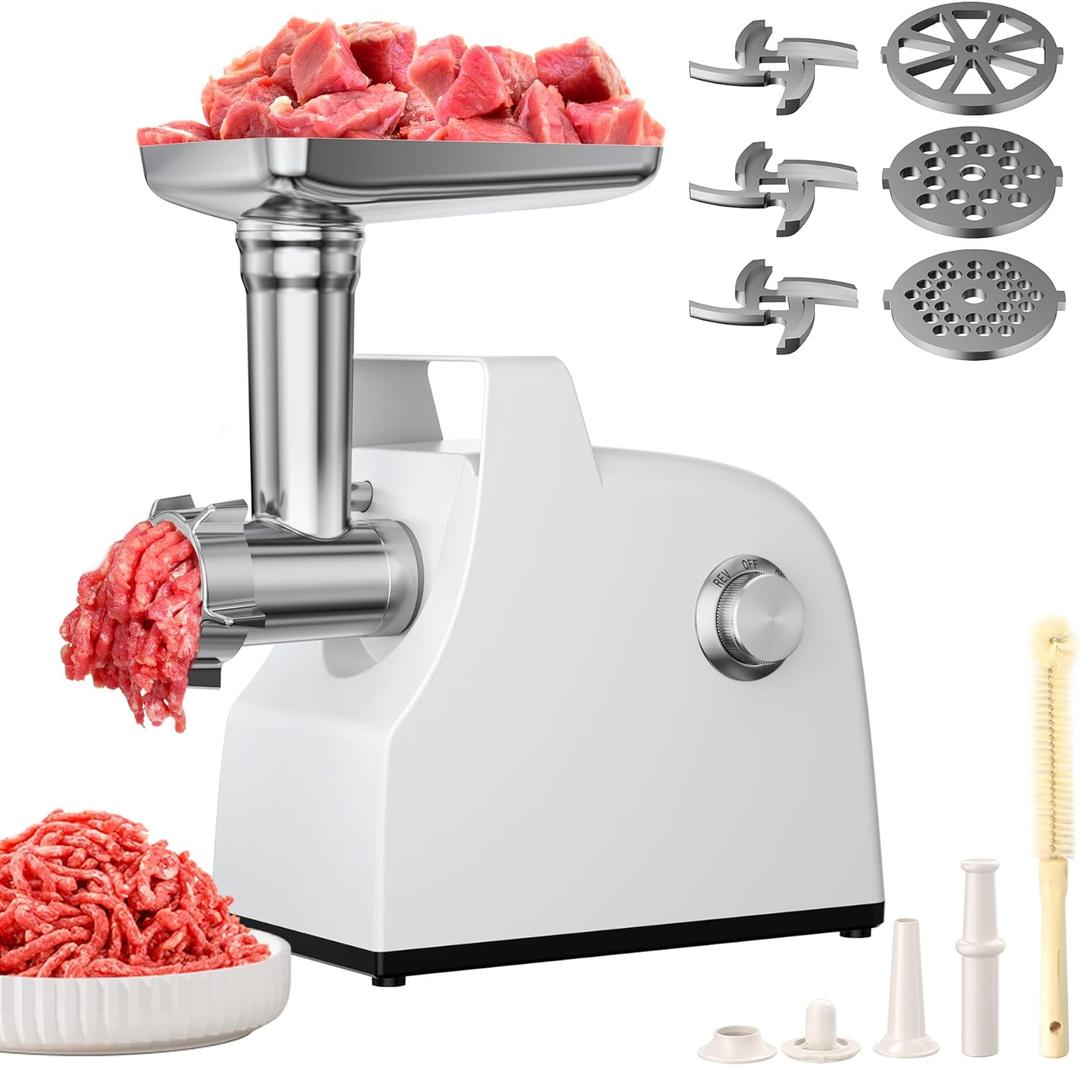 Upgraded Electric Meat Grinder, 3000W Max Home Kitchen Meat Grinder with Handle, Heavy Duty Mincer Machine with 3 Blades and 3 Grinder Plates, Sausage Stuffer Tubes & Kubbe Kit, White