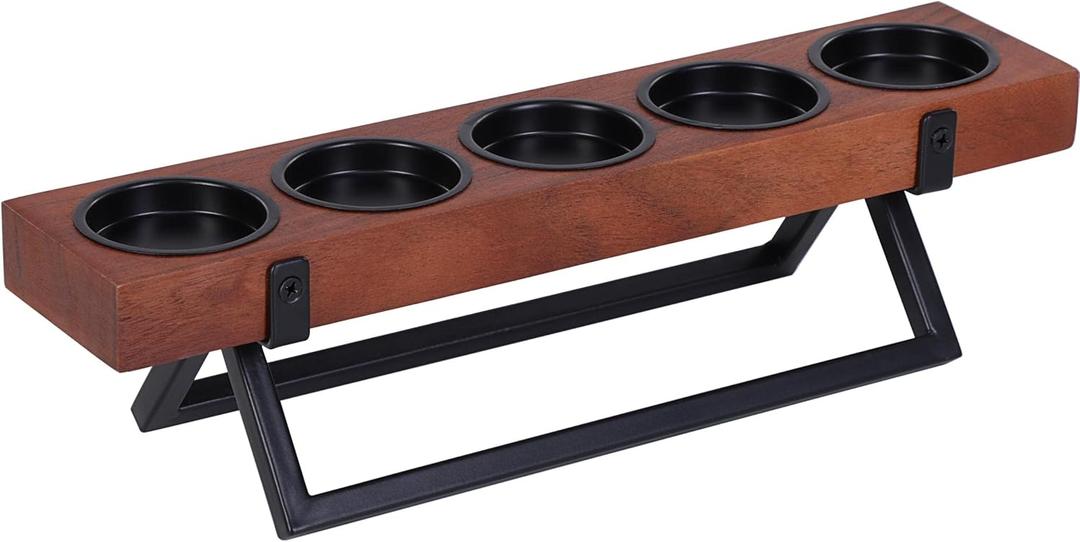 BIRDROCK HOME 5-Candle Centerpiece | Fits Small 2" D Votive Candles | Wooden Candle Holders with Black Iron Stand | Long Candelabra Decor for Tables, Weddings, Vintage Events | Mango Wood Brown/Black