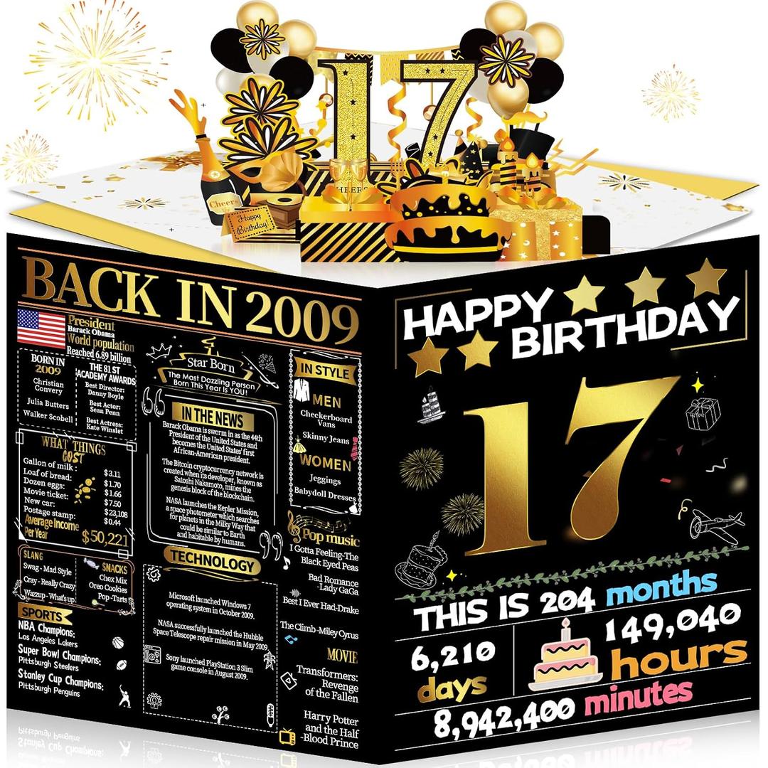 Joycard 17th Birthday Card for Girl Boy, 3D Pop Up Happy Birthday Gift for Daughter Son, Funny 17 Year Old Birthday Decorations for Grandson Granddaughter, Back in 2009 Laser Gold Retro Theme
