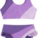 Toddler Girls Swimsuit Color Block Swimwear Kids Two Piece Bathing Suits Bowknot Beach Bikini Set L-purple, 13-14 Years