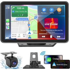 Portable Carplay Screen for Car, 7" Wireless Carplay & Android Auto with Bluetooth, HD Backup Camera, GPS Navigation, Siri, FM, AUX, Mirror Link for All Vehicles