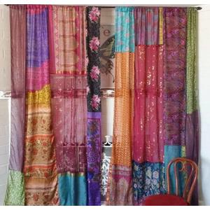 EthinicCraftHub 1 Pair of Indian Vintage Silk Blend Sari Multi Color (Assorted Color) Handmade Patchwork Curtains Drapes Home Decor Curtain/Panels