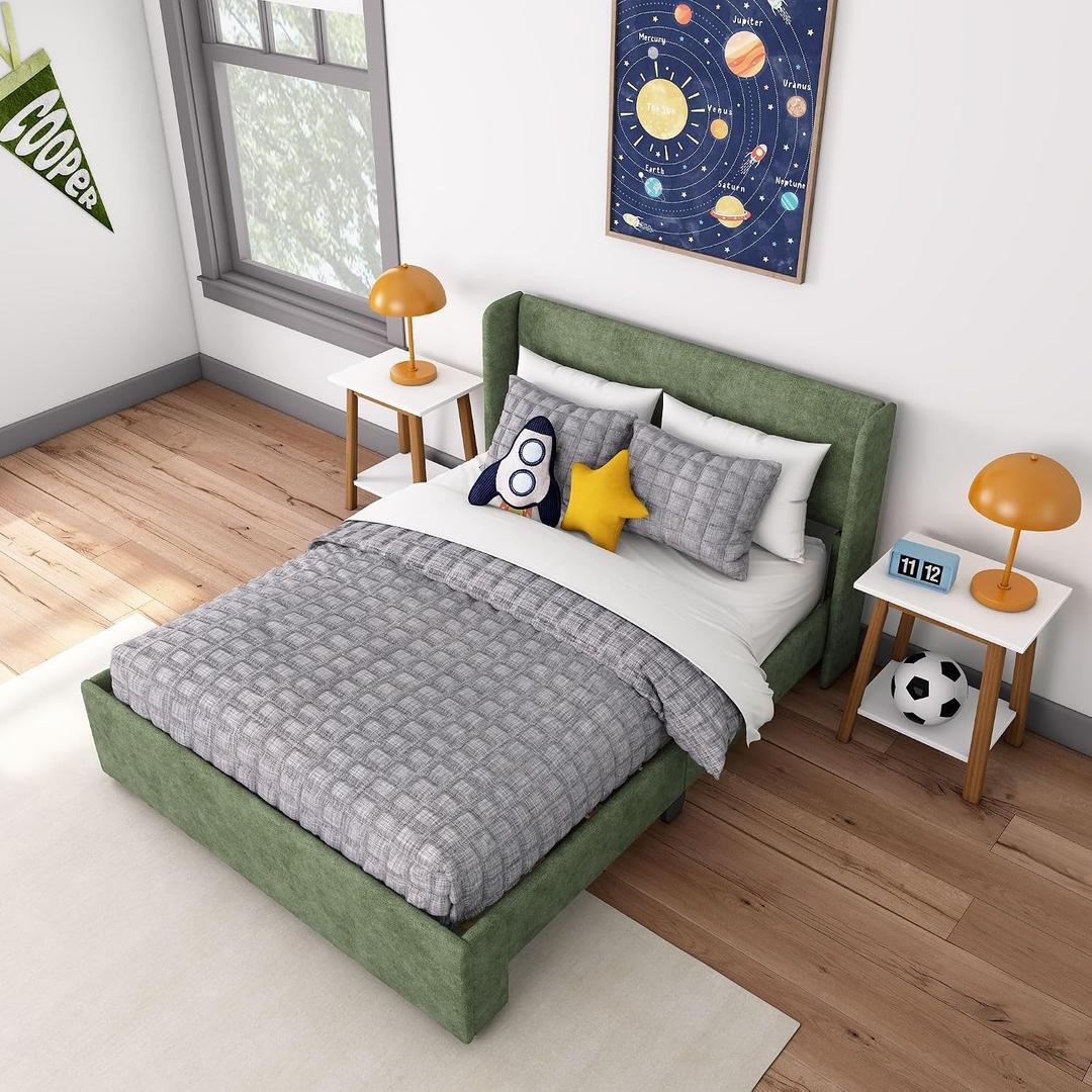 Max & Lily Upholstered Full Bed Frame with Rectangular Headboard, Upholstered Platform Bed for Kids, No Box Spring Needed, Easy Assembly, Green, Full Bed without Storage Drawers