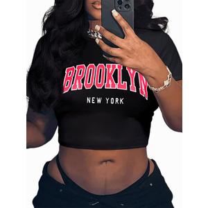 Hilinker Womens Short Sleeve Graphic Crop Tops Vintage Tees Summer Cute T Shirts (Medium, Black Brooklyn)