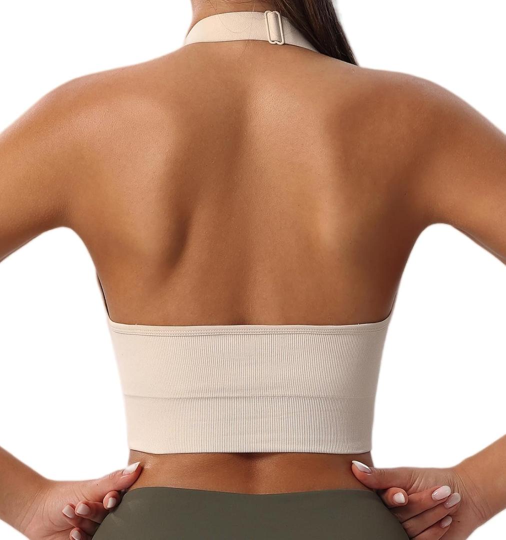 Women's Halter Sports Bras Adjustable Straps Seamless Medium Impact Workout Crop Tank Tops with Removable Padded (Large, Beige)