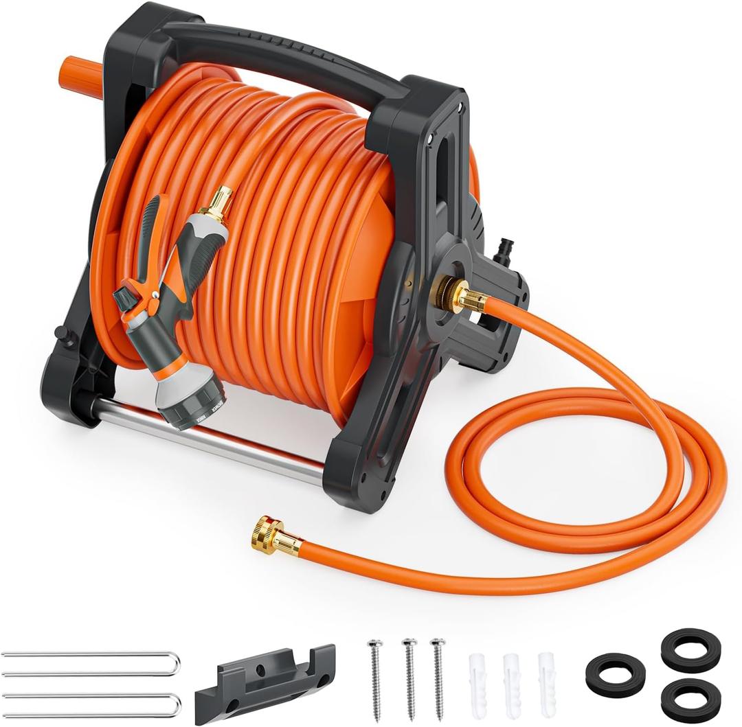 Portable Garden Hose Reel with 75ft Rubber Water Pipe+6.5ft, Wall Mount Lightweight Winder Combo with Nozzle for Outside, Yard, Patio (Orange)