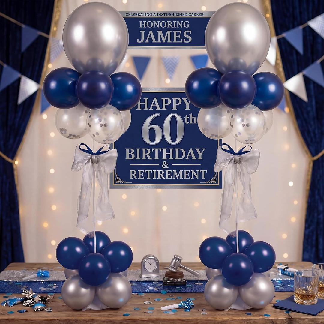 Hollowfly 2 Sets Retirement Party Decorations Navy Blue and Silver Balloon Stands Happy Retirement Table Decorations Balloon Stand Decor for Men's 50/60th Birthday Anniversary Party Decor Supplies