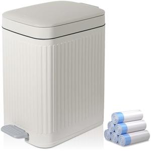 rejomiik Small Bathroom Trash Can with Lid 2.6 Gallon Step Trash Can Slim Garbage Can with Soft-Close Waste Bin for Bathroom, Bedroom, Office, Dorm, RV, Off-White