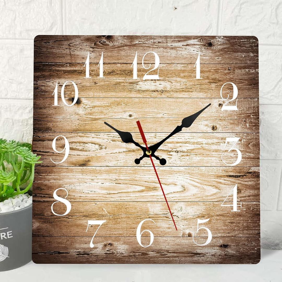 ArtSocket Wooden Wall Clock Silent Non-Ticking, Brown Wood Grain Cracked Vintage Dirty Fence Gray Square Rustic Coastal Wall Clock Decor for Home Kitchen Living Room Office, Battery Operated(12 Inch) (12IN, Modern Vintage Style7)