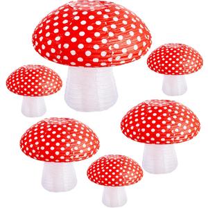 Mushroom Paper Lanterns 6 Pcs Mushroom Hanging Paper Lanterns 3 Size Paper Lantern Bedroom for Alice in Wonderland Themed Birthday Baby Shower Fairy Theme Party Decorations (Red)