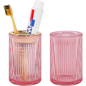 Pink Toothbrush Holders for Bathrooms, 2pcs Glass Toothbrush Holder, 12oz Gold Bathroom Tumbler Cup and Mouthwash Cup, Tooth Brush Cups and Toothpaste Organizer for Bathroom Countertop Decor