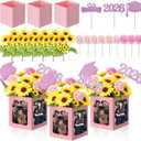 Glenmal 24 Pcs Class of 2026 Graduation Table Centerpieces Decor 6/7 Inch Graduation Photo Frame Display Box Artificial Sunflowers and Roses Class 2026 Centerpieces Picks for Party(Pink)