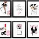 Framed Pink Fashion Wall Art Prints with FRAME Set of 6 Makeup Art Pictures Wall Decor Canvas Print Poster Modern Girls Room Decor for Bedroom Decor (Pink Wall Art, 8"x10" FRAMED)