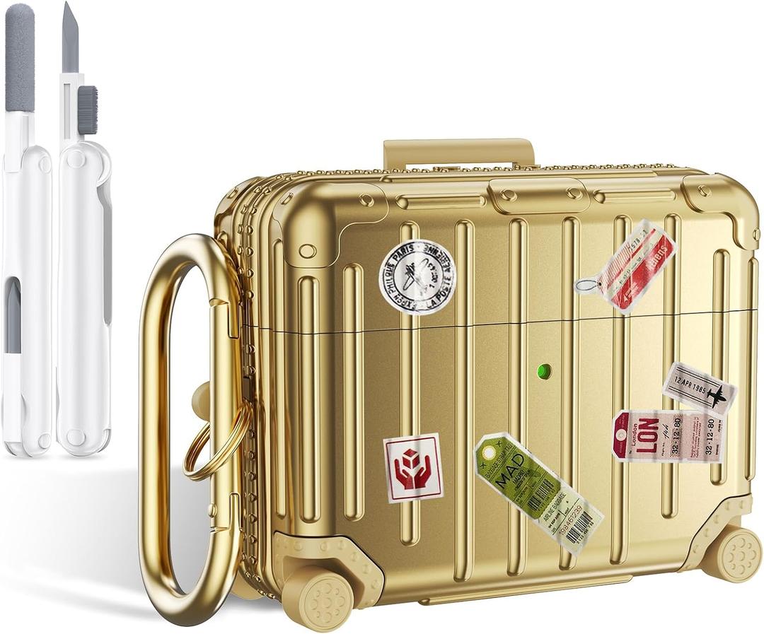 Filoto Compatible with Airpods Pro 3 Case 2025, Cute Fashion Suitcase Design for Airpods Pro 3rd Generation Case Cover, Shockproof Protective Hard Case with Keychain/Cleaner Kit Gold
