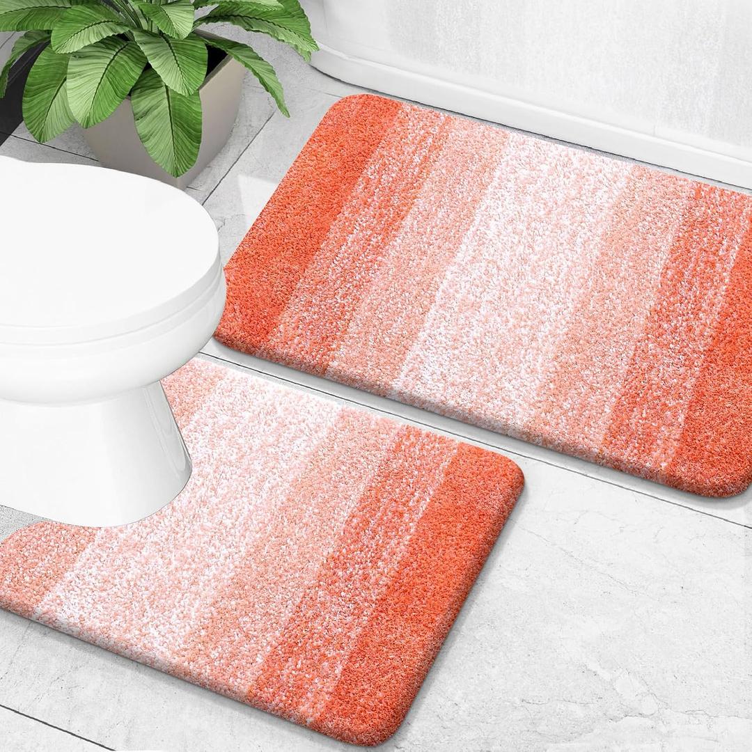 OLANLY Bathroom Rug Set 2 Piece, Soft Absorbent Microfiber Bath Mats and U-Shaped Contour Toilet Rug, Non-Slip, Machine Wash Dry, Plush Shaggy Bath Mats for Bathroom (24"x16"+24"x20", Coral)