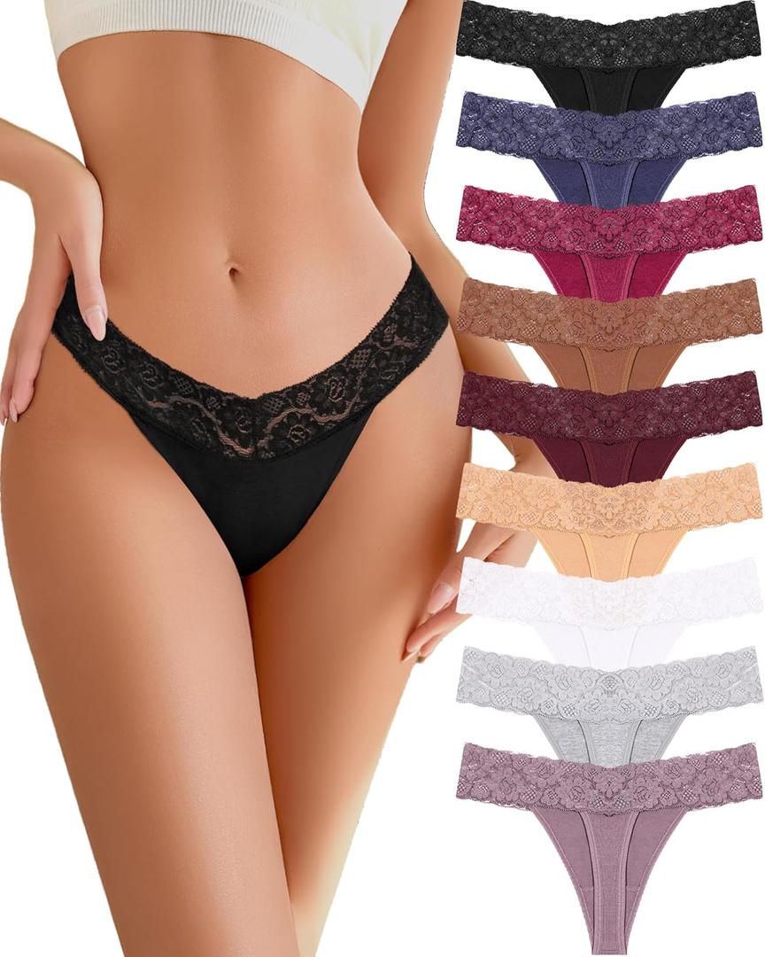 Cotton Underwear for Women Lace Sexy Breathable Thongs Low Rise T-Back Soft Stretchy Ladies Panties (Large, Black/Royal Blue/Burgundy/Caramel/Purple/Nude/White/Gray/Khaki)