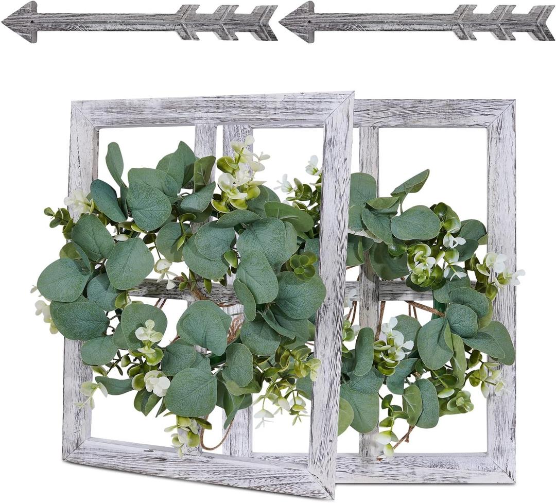 Rustic Wood Window Frame with Green Wreath and Arrows Wall DecorFarmhouse Window Frame Hanging Decor, Wooden Fake Decoration,Window Pane Wall Decor,Set of 2 (White)