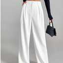 Women's Elegant High Waist Wide Leg Trousers, Loose Fit Dress Pants for Office and Casual Wear (White, L)
