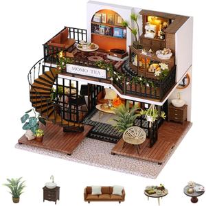 Flever Dollhouse Miniature DIY House Kit Creative Room with Furniture for Romantic Artwork Gift (Forest Teashop)