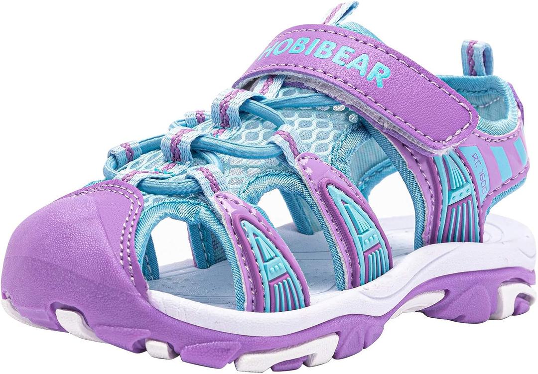 BODATU Girls Summer Outdoor Beach Sports Closed-Toe Sandals Blue/Purple, 13 Little Kid
