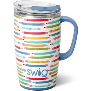 Swig Life 18oz Travel Mug, Insulated Tumbler with Handle and Lid, Cup Holder Friendly, Dishwasher Safe, Stainless Steel, Teacher Gift (Teacher Life)