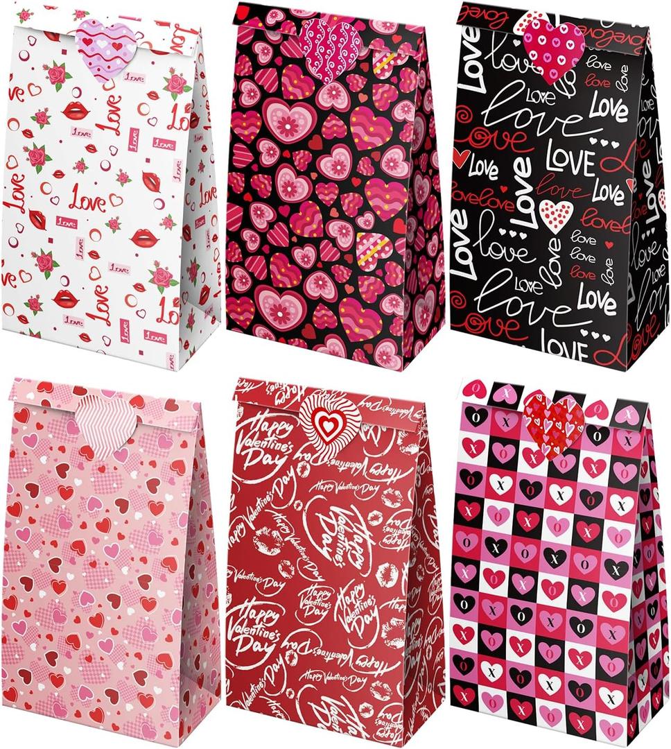 JWSCYSY 24Pcs Valentine Treat Bags, Small Goodie Bags with Stickers, Mini Paper Bag for Valentine's Day Gifts Wrapping Party Favors
