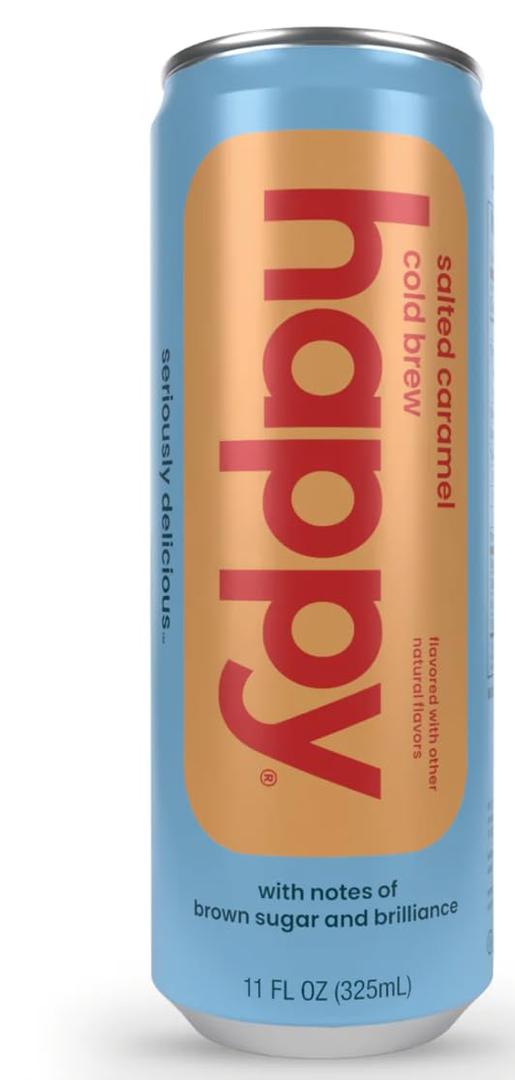 happy coffee salted caramel cold brew, 11 oz. cans, 12 pack, notes of brown sugar & brilliance, 100% arabica beans, no artificial flavors or artificial sweeteners