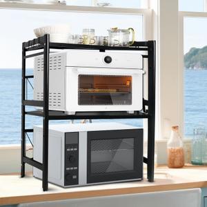 3-Tier Microwave Oven Rack, 15.7~23.6" Expandable Microwave Stand, Countertop Utensils Tableware Storage, Heavy Duty Carbon Steel Kitchen Organizer Shelf w/6 Hooks and Cutting Board Holder