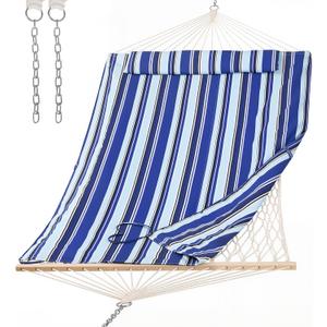 SUNCREAT 2 Person Hammock with Hardwood Spreader Bar, Outdoor Rope Hammock with Polyester Pad, 475 lbs Capacity, Blue Stripes