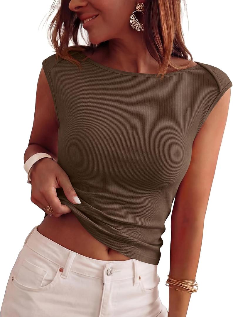 BTFBM Women's Ribbed Tank Tops 2026 Summer Cap Sleeve Boat Neck Slim Fitted Knit Basic Casual Tee Shirts Fashion Clothes (Brown, XL)
