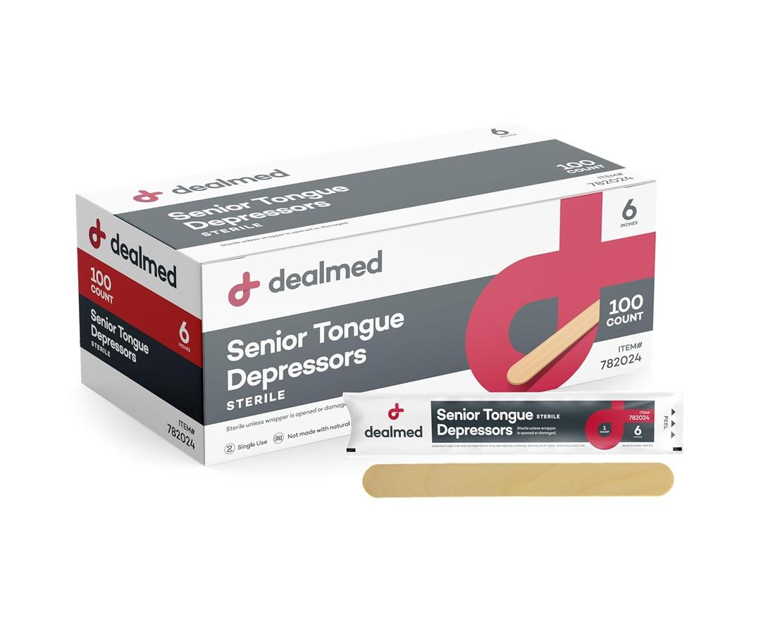 Dealmed 6 Senior Tongue Depressors  100 Sterile Wood Tongue Depressor Sticks, Individually Wrapped for Medical Practice, Emergency First Aid Kits, Crafts, 100/Box (Pack of 1)