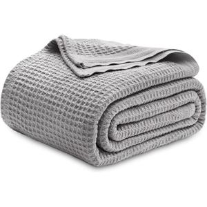 Bedsure Gentlesoft 100% Cotton Blanket Queen Size for Bed - Breathable and Soft for Spring Summer, Thick Cozy Waffle Weave Blanket Gifts for Women, Grey, 90x90 Inches
